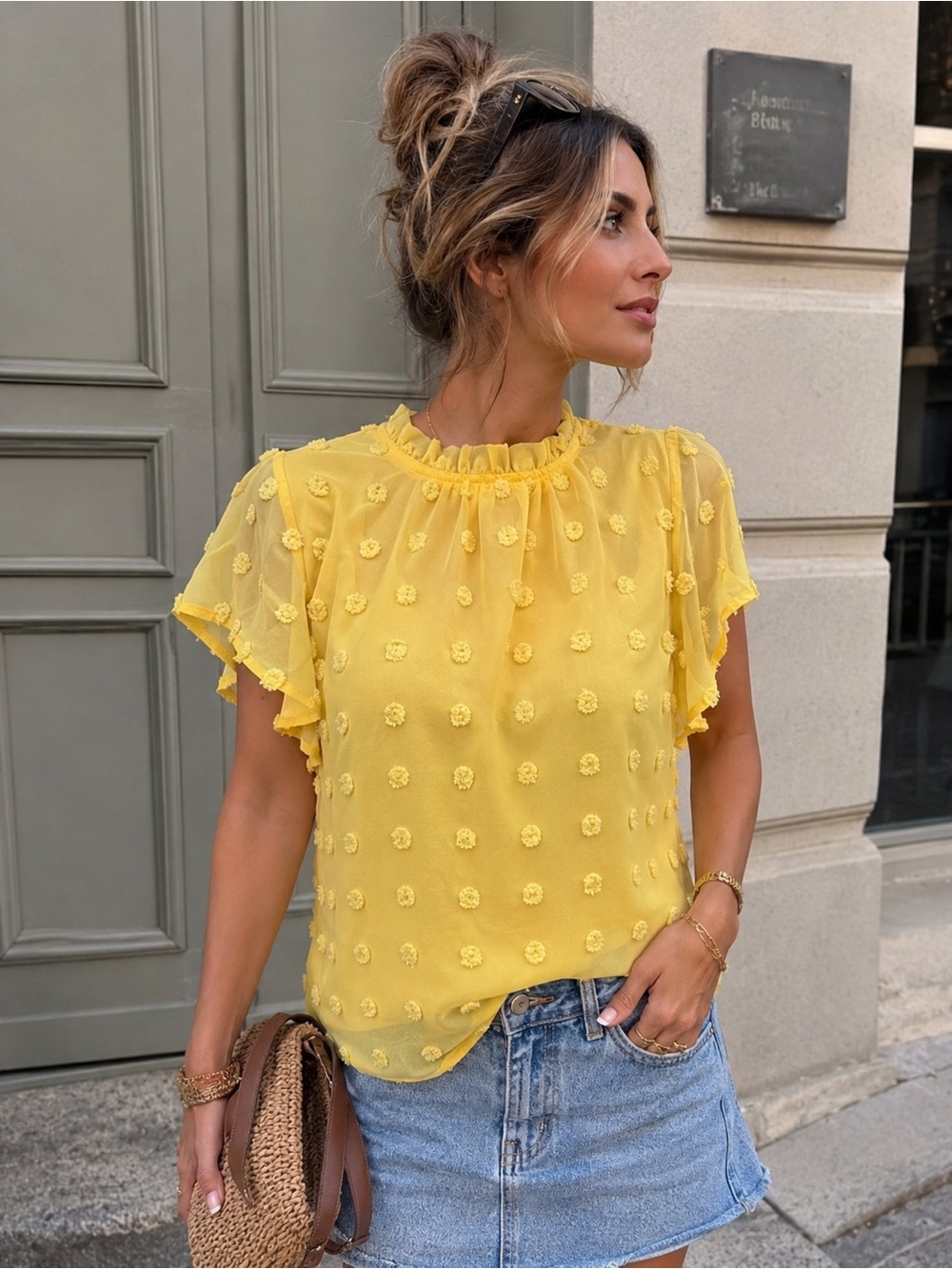 Butter Yellow Textured Flutter Sleeve Blouse polka dots